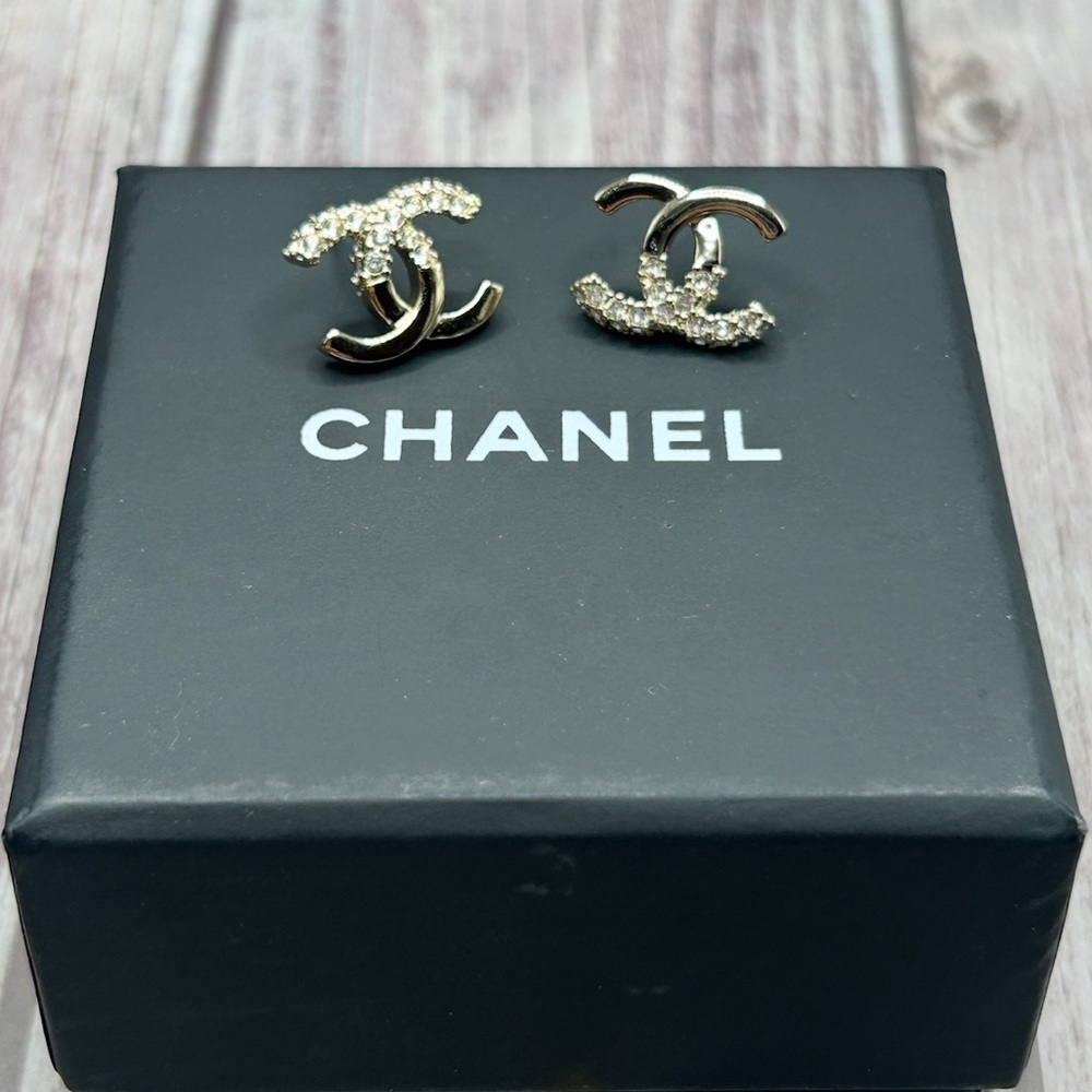 CHANEL Silver CC Rhinestone Accent Pierced Stud Earrings + Box & Bag - Picture 3 of 15